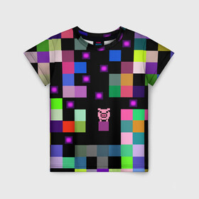 Детская футболка 3D с принтом Arcade Pig в Курске, 100% гипоаллергенный полиэфир | прямой крой, круглый вырез горловины, длина до линии бедер, чуть спущенное плечо, ткань немного тянется | аркада | аркадная игра | мозайка из пикселей | разноцветные квадраты | свинка | свинья на кубе | цифровые кубики