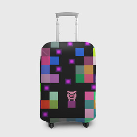 Чехол для чемодана 3D с принтом Arcade Pig в Курске, 86% полиэфир, 14% спандекс | двустороннее нанесение принта, прорези для ручек и колес | аркада | аркадная игра | мозайка из пикселей | разноцветные квадраты | свинка | свинья на кубе | цифровые кубики