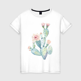 Женская футболка хлопок с принтом Нежный акварельный кактус  в Курске, 100% хлопок | прямой крой, круглый вырез горловины, длина до линии бедер, слегка спущенное плечо | акварель | кактус | колючий | нежный акварельный кактус | растение | цветок