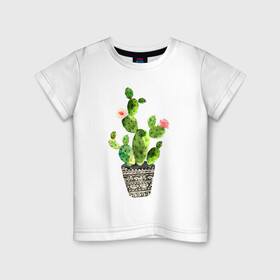 Детская футболка хлопок с принтом Я колючий только с наружи  в Курске, 100% хлопок | круглый вырез горловины, полуприлегающий силуэт, длина до линии бедер | акварель | горшок | кактус | колючий | орнамент | растение | цветок | я колючий только с наружи