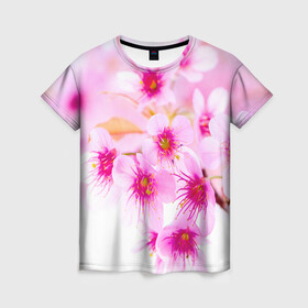 Женская футболка 3D с принтом Весеннее цветение вишни в Курске, 100% полиэфир ( синтетическое хлопкоподобное полотно) | прямой крой, круглый вырез горловины, длина до линии бедер | бутоны | весна | девушкам | красивые | розовые | сакура | цветение | цветы | яблоня