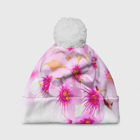 Шапка 3D c помпоном с принтом Весеннее цветение вишни в Курске, 100% полиэстер | универсальный размер, печать по всей поверхности изделия | бутоны | весна | девушкам | красивые | розовые | сакура | цветение | цветы | яблоня