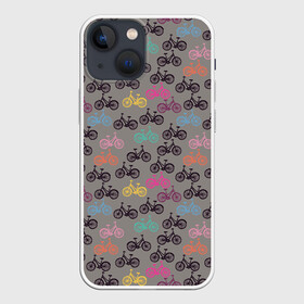 Чехол для iPhone 13 mini с принтом Цветные велосипеды паттерн в Курске,  |  | велосипеды | велоспорт | горные велосипеды | паттерн | спортивные велосипеды | спортивный | цветной принт