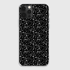 Чехол для iPhone 12 Pro Max с принтом Черно-белый спортивный узор  в Курске, Силикон |  | клюшка | лук | молодежный | монохромный | мяч | поло | ракетка | спортивный инвентарь | стрелы