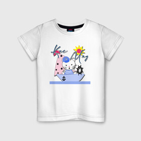 Детская футболка хлопок с принтом Котик-морячок  в Курске, 100% хлопок | круглый вырез горловины, полуприлегающий силуэт, длина до линии бедер | для мальчика | иллюстрация | кораблик | кот | котик | малышам | море | морское путешествие | моряк