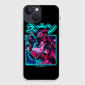 Чехол для iPhone 13 mini с принтом Neon girl в Курске,  |  | anime | girl | hieroglyphs | katana | neon | samurai | аниме | девушка | иероглифы | катана | неон | самурай