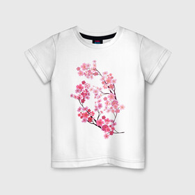 Детская футболка хлопок с принтом Цветение вишни в Курске, 100% хлопок | круглый вырез горловины, полуприлегающий силуэт, длина до линии бедер | ветки | веточка | вишня | сакура | цветение вишни | цветы