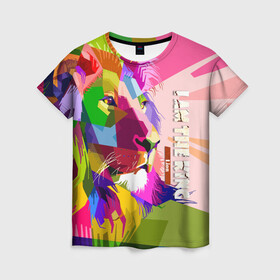 Женская футболка 3D с принтом I am the lion king в Курске, 100% полиэфир ( синтетическое хлопкоподобное полотно) | прямой крой, круглый вырез горловины, длина до линии бедер | king | lion | кароль | краски | лев | яркая