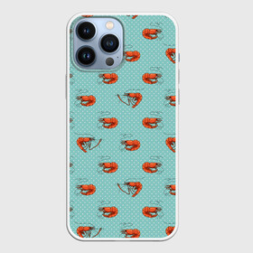 Чехол для iPhone 13 Pro Max с принтом Креветки паттерн в Курске,  |  | Тематика изображения на принте: sea food | вареные креветки | винтажный стиль | голубо зеленый цвет | горошек | еда | креветки | морепродукты | морские гады | оранжевый | паттерн | цвет тиффани