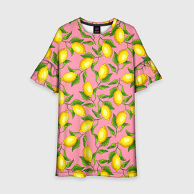 Детское платье 3D с принтом Лимоны паттерн в Курске, 100% полиэстер | прямой силуэт, чуть расширенный к низу. Круглая горловина, на рукавах — воланы | ботаника | еда | желтые лимоны | иллюстрация | летний принт | лето | лимоны | паттерн | рисунок | розовый цвет | фрукты