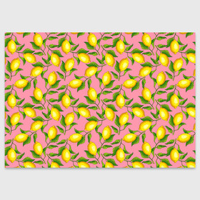Поздравительная открытка с принтом Лимоны паттерн в Курске, 100% бумага | плотность бумаги 280 г/м2, матовая, на обратной стороне линовка и место для марки
 | ботаника | еда | желтые лимоны | иллюстрация | летний принт | лето | лимоны | паттерн | рисунок | розовый цвет | фрукты