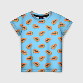 Детская футболка 3D с принтом Папайа паттерн в Курске, 100% гипоаллергенный полиэфир | прямой крой, круглый вырез горловины, длина до линии бедер, чуть спущенное плечо, ткань немного тянется | вегетарианец | еда | зож | иллюстрация | летний принт | папайа | паттерн | правильное питание | рисунок | фрукты