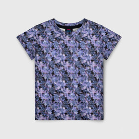 Детская футболка 3D с принтом Сине-фиолетовый цветочный узор в Курске, 100% гипоаллергенный полиэфир | прямой крой, круглый вырез горловины, длина до линии бедер, чуть спущенное плечо, ткань немного тянется | однотонный | ретро | синие цветы | темный узор | цветочный узор | цветы