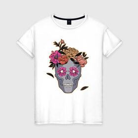 Женская футболка хлопок с принтом День мертвых Мексика в Курске, 100% хлопок | прямой крой, круглый вырез горловины, длина до линии бедер, слегка спущенное плечо | calavera | sugar skull | день мертвых | иллюстрация | калавера | мексика | мексиканская вечеринка | мехико | рисунок | цветы | череп | череп с цветами