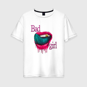 Женская футболка хлопок Oversize с принтом Bad girl в Курске, 100% хлопок | свободный крой, круглый ворот, спущенный рукав, длина до линии бедер
 | губы | девушка | золото | помада | рот