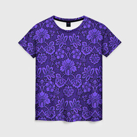Женская футболка 3D с принтом Домашние обои  в Курске, 100% полиэфир ( синтетическое хлопкоподобное полотно) | прямой крой, круглый вырез горловины, длина до линии бедер | домашние обои | обои | орнамент | текстуры | узор | фиолетовое | хохлома | цветы