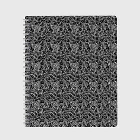 Тетрадь с принтом Черно-белый ажурный узор  в Курске, 100% бумага | 48 листов, плотность листов — 60 г/м2, плотность картонной обложки — 250 г/м2. Листы скреплены сбоку удобной пружинной спиралью. Уголки страниц и обложки скругленные. Цвет линий — светло-серый
 | Тематика изображения на принте: абстрактные цветы | абстрактный узор | ажурный | для женщин | кружевные цветы | модный | цветочный | цветы | черный и белый