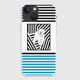 Чехол для iPhone 13 mini с принтом Белый медведь . в Курске,  |  | белый медведь | детский | зима | медведь | новый год | полосатый узор | полосы | синий полосы | черные полосы