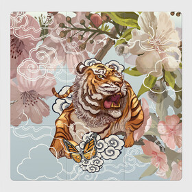 Магнитный плакат 3Х3 с принтом Тигр в облаках в Курске, Полимерный материал с магнитным слоем | 9 деталей размером 9*9 см | Тематика изображения на принте: бабочка | восточные мотивы | нежность | облака | сакура | тигр | хищник | цветы