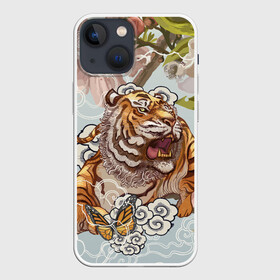 Чехол для iPhone 13 mini с принтом Тигр в облаках в Курске,  |  | бабочка | восточные мотивы | нежность | облака | сакура | тигр | хищник | цветы