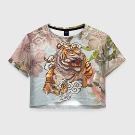 Женская футболка Crop-top 3D с принтом Тигр в облаках в Курске, 100% полиэстер | круглая горловина, длина футболки до линии талии, рукава с отворотами | бабочка | восточные мотивы | нежность | облака | сакура | тигр | хищник | цветы