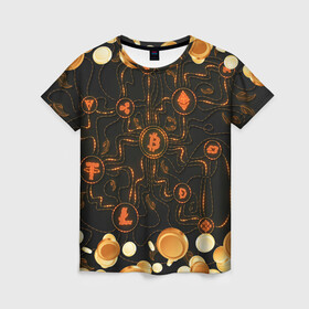 Женская футболка 3D с принтом Криптовалюта | Crypto (Z) в Курске, 100% полиэфир ( синтетическое хлопкоподобное полотно) | прямой крой, круглый вырез горловины, длина до линии бедер | binance coin | bitcoin | blockchain | btc | cardano | crypto | ethereum | litecoin | polkadot | tether | xrp | биткоин | блокчейн | валюта | деньги | криптовалюта | майнер | майнинг | цифровая валюта | цифровое золото | эфир