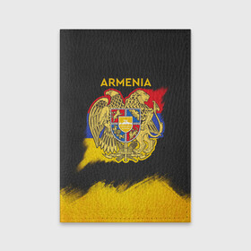 Обложка для паспорта матовая кожа с принтом Yellow and Black Armenia в Курске, натуральная матовая кожа | размер 19,3 х 13,7 см; прозрачные пластиковые крепления | Тематика изображения на принте: armenia | logo | армения | армян | армяни | герб | лев и орел | лого | символ | флаг | флаг и герб армении