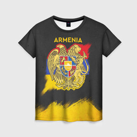 Женская футболка 3D с принтом Yellow and Black Armenia в Курске, 100% полиэфир ( синтетическое хлопкоподобное полотно) | прямой крой, круглый вырез горловины, длина до линии бедер | armenia | logo | армения | армян | армяни | герб | лев и орел | лого | символ | флаг | флаг и герб армении