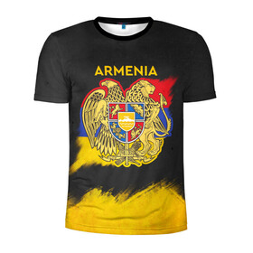 Мужская футболка 3D спортивная с принтом Yellow and Black Armenia в Курске, 100% полиэстер с улучшенными характеристиками | приталенный силуэт, круглая горловина, широкие плечи, сужается к линии бедра | armenia | logo | армения | армян | армяни | герб | лев и орел | лого | символ | флаг | флаг и герб армении