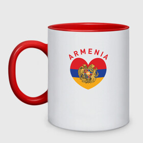 Кружка двухцветная с принтом The Heart of Armenia в Курске, керамика | объем — 330 мл, диаметр — 80 мм. Цветная ручка и кайма сверху, в некоторых цветах — вся внутренняя часть | armenia | logo | армения | армян | армяни | герб | лев и орел | лого | символ | флаг | флаг и герб армении