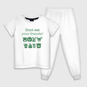 Детская пижама хлопок с принтом Не ешь друзей в Курске, 100% хлопок |  брюки и футболка прямого кроя, без карманов, на брюках мягкая резинка на поясе и по низу штанин
 | Тематика изображения на принте: green | greenpaece | vegan | yoga | веган | вегетарианец | гринпис | дерево | еда | животные | жизнь | здоровье | зеленый | йога | мир | овощи | пища | планета | природа | фрукты
