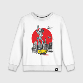 Детский свитшот хлопок с принтом Бруклин атакует робот в Курске, 100% хлопок | круглый вырез горловины, эластичные манжеты, пояс и воротник | бруклин | город | железяка | иллюстрация | робот | самолет | сша