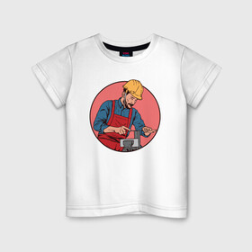 Детская футболка хлопок с принтом Строитель в Курске, 100% хлопок | круглый вырез горловины, полуприлегающий силуэт, длина до линии бедер | иллюстрация | каска | работник | рабочий | строика | фартук