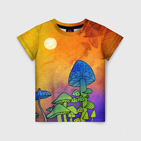 Детская футболка 3D с принтом Заколдованный лес в Курске, 100% гипоаллергенный полиэфир | прямой крой, круглый вырез горловины, длина до линии бедер, чуть спущенное плечо, ткань немного тянется | акварель | глитч грибы | грибы | грибы нарисованные карандашом | листва | необычный лес | цветные грибы