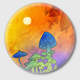 Значок с принтом Заколдованный лес в Курске,  металл | круглая форма, металлическая застежка в виде булавки | акварель | глитч грибы | грибы | грибы нарисованные карандашом | листва | необычный лес | цветные грибы