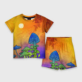 Детский костюм с шортами 3D с принтом Заколдованный лес в Курске,  |  | акварель | глитч грибы | грибы | грибы нарисованные карандашом | листва | необычный лес | цветные грибы