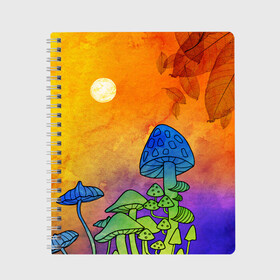 Тетрадь с принтом Заколдованный лес в Курске, 100% бумага | 48 листов, плотность листов — 60 г/м2, плотность картонной обложки — 250 г/м2. Листы скреплены сбоку удобной пружинной спиралью. Уголки страниц и обложки скругленные. Цвет линий — светло-серый
 | Тематика изображения на принте: акварель | глитч грибы | грибы | грибы нарисованные карандашом | листва | необычный лес | цветные грибы