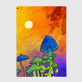 Постер с принтом Заколдованный лес в Курске, 100% бумага
 | бумага, плотность 150 мг. Матовая, но за счет высокого коэффициента гладкости имеет небольшой блеск и дает на свету блики, но в отличии от глянцевой бумаги не покрыта лаком | акварель | глитч грибы | грибы | грибы нарисованные карандашом | листва | необычный лес | цветные грибы