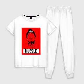 Женская пижама хлопок с принтом Red Hussle в Курске, 100% хлопок | брюки и футболка прямого кроя, без карманов, на брюках мягкая резинка на поясе и по низу штанин | coast | hip hop | hussle | los angeles | new school | nipsey | rap | rapper | rip | tmc | victory lap | west | диджей | лос анджелес | микрофон | музыка | нипси | рэп | рэпер | сша | хассл | хип хоп