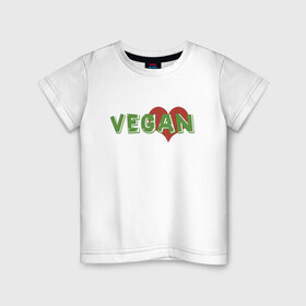 Детская футболка хлопок с принтом Vegan Love в Курске, 100% хлопок | круглый вырез горловины, полуприлегающий силуэт, длина до линии бедер | Тематика изображения на принте: green | greenpaece | love | vegan | yoga | веган | вегетарианец | гринпис | дерево | еда | животные | жизнь | здоровье | зеленый | йога | любовь | мир | овощи | пища | планета | природа | сердце | фрукты