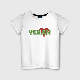 Детская футболка хлопок с принтом Vegan Love в Курске, 100% хлопок | круглый вырез горловины, полуприлегающий силуэт, длина до линии бедер | green | greenpaece | love | vegan | yoga | веган | вегетарианец | гринпис | дерево | еда | животные | жизнь | здоровье | зеленый | йога | любовь | мир | овощи | пища | планета | природа | сердце | фрукты