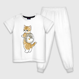 Детская пижама хлопок с принтом Котёнок с гусём в Курске, 100% хлопок |  брюки и футболка прямого кроя, без карманов, на брюках мягкая резинка на поясе и по низу штанин
 | Тематика изображения на принте: арт | гусь | домашнее животное | кот | котёнок | кошка | милая кошка | милый кот | милый котёнок | пончик | прогулка | рисунок | рюкзак