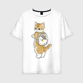 Женская футболка хлопок Oversize с принтом Котёнок с гусём в Курске, 100% хлопок | свободный крой, круглый ворот, спущенный рукав, длина до линии бедер
 | арт | гусь | домашнее животное | кот | котёнок | кошка | милая кошка | милый кот | милый котёнок | пончик | прогулка | рисунок | рюкзак