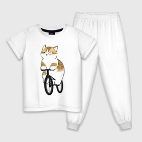 Детская пижама хлопок с принтом Котик на велосипеде в Курске, 100% хлопок |  брюки и футболка прямого кроя, без карманов, на брюках мягкая резинка на поясе и по низу штанин
 | арт | велосипед | ветер | кот | котёнок | кошка | милая кошка | милый кот | милый котёнок | отдых | отдыхает | пончик | рисунок