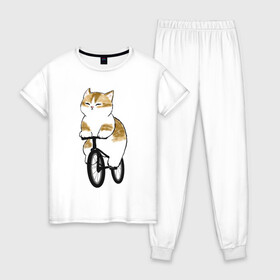 Женская пижама хлопок с принтом Котик на велосипеде в Курске, 100% хлопок | брюки и футболка прямого кроя, без карманов, на брюках мягкая резинка на поясе и по низу штанин | Тематика изображения на принте: арт | велосипед | ветер | кот | котёнок | кошка | милая кошка | милый кот | милый котёнок | отдых | отдыхает | пончик | рисунок