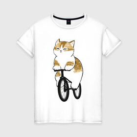 Женская футболка хлопок с принтом Котик на велосипеде в Курске, 100% хлопок | прямой крой, круглый вырез горловины, длина до линии бедер, слегка спущенное плечо | Тематика изображения на принте: арт | велосипед | ветер | кот | котёнок | кошка | милая кошка | милый кот | милый котёнок | отдых | отдыхает | пончик | рисунок