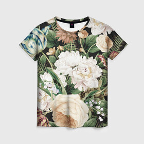 Женская футболка 3D с принтом Винтажные цветы в Курске, 100% полиэфир ( синтетическое хлопкоподобное полотно) | прямой крой, круглый вырез горловины, длина до линии бедер | Тематика изображения на принте: букет | винтажный стиль | для девушек | цветы