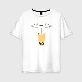 Женская футболка хлопок Oversize с принтом Totoro Drink в Курске, 100% хлопок | свободный крой, круглый ворот, спущенный рукав, длина до линии бедер
 | ghibli | japan | nature | neigbor | neighbour | totoro | анимация | аниме | гибли | друг | животные | лес | милый | мир | миядзаки | мой сосед тоторо | мульт | мультфильм | природа | сок | сосед | сусуватари | тоторо | хаяо