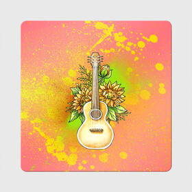 Магнит виниловый Квадрат с принтом Гитара и подсолнухи в Курске, полимерный материал с магнитным слоем | размер 9*9 см, закругленные углы | Тематика изображения на принте: гитара | инструмент | кляксы | подсолнух | цветы