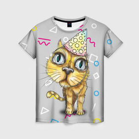 Женская футболка 3D с принтом Котик в Курске, 100% полиэфир ( синтетическое хлопкоподобное полотно) | прямой крой, круглый вырез горловины, длина до линии бедер | геометрия | глаза | день рождения | именинник | кот | котик